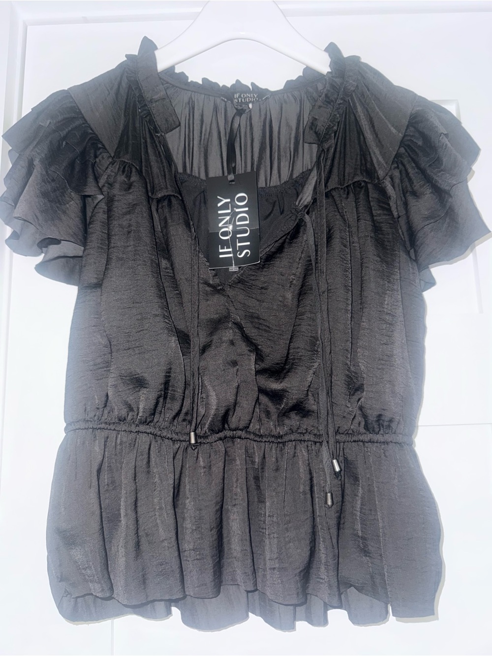 If Only Studio Black Ruffle Sleeve Peplum Blouse